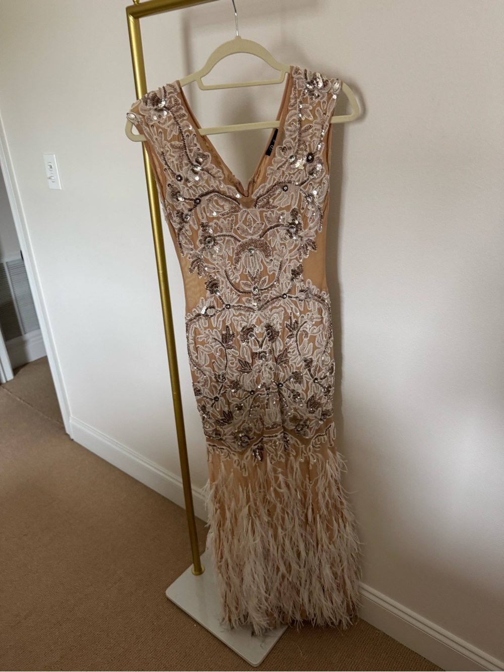 Parker Black x Luv AJ Beaded Feather Hem Evening Dress in Nude